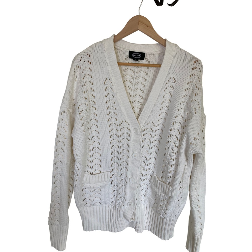 Scoop Womens White Pointelle Chevron Open Knit V-Neck Cardigan Sweater M Chunky